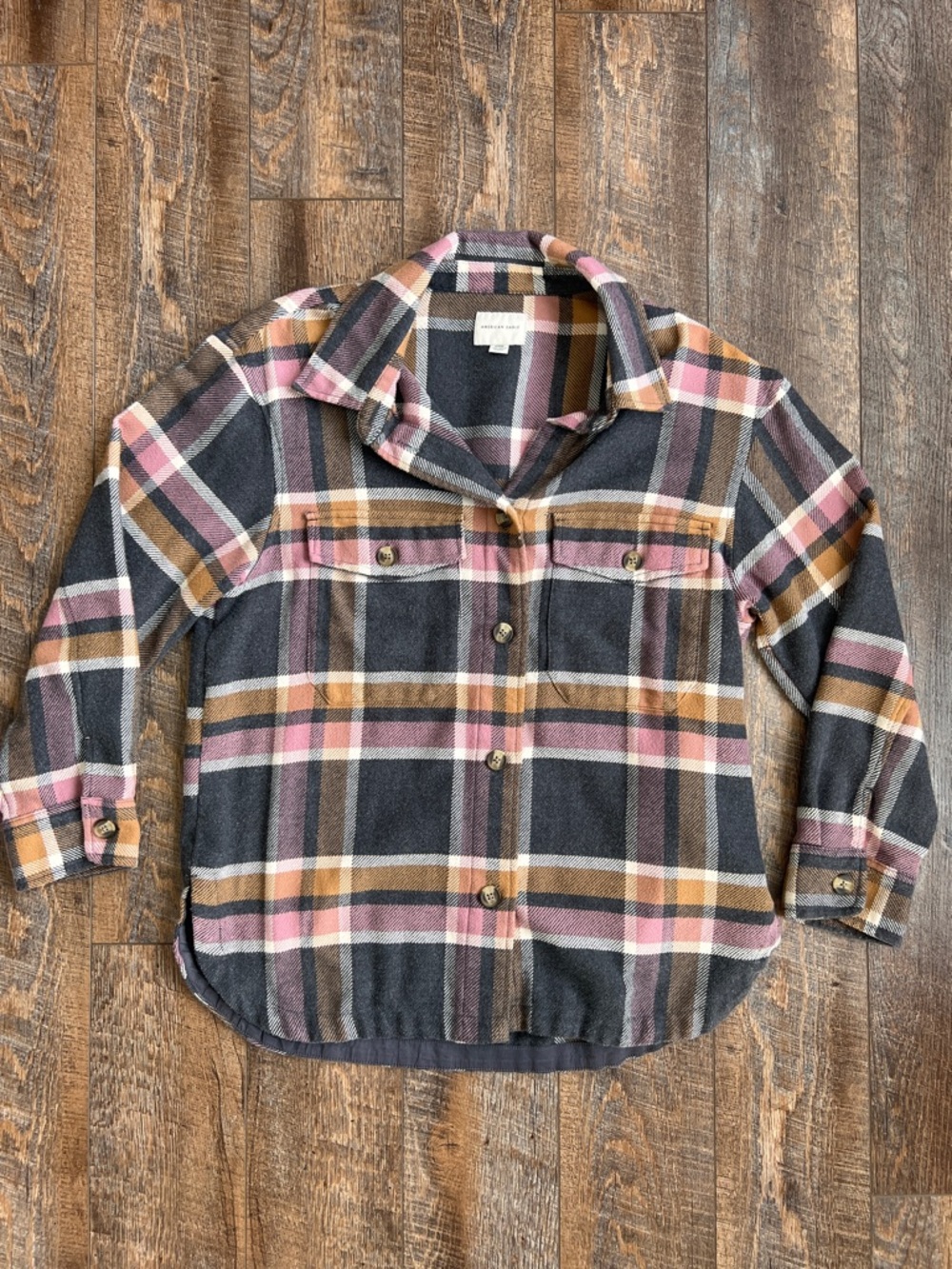 American Eagle Outfitters Plaid Shacket in Charcoal, Pink & Camel